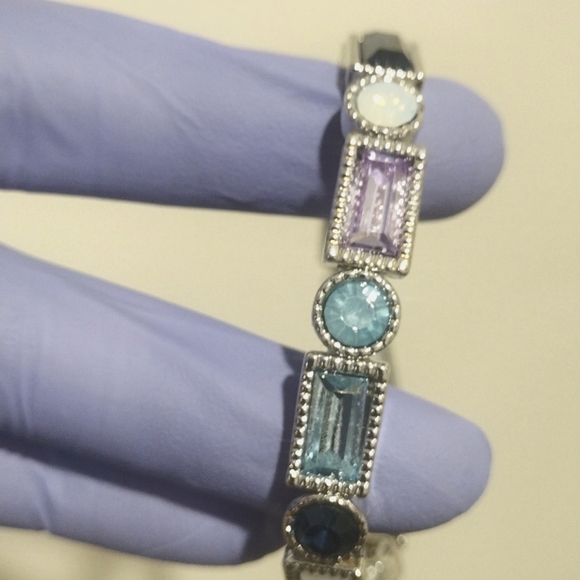 Colorful Crystal Geometric Stretch Bracelet Silver Dainty Rounds & Rectangles - Picture 9 of 10